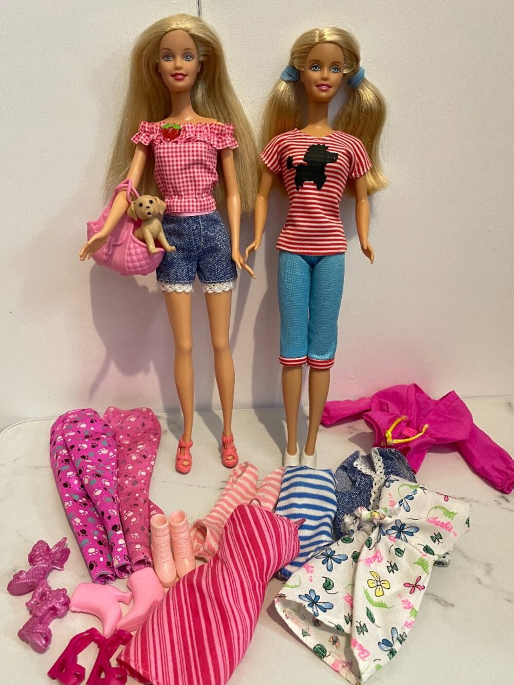 Vintage 2000s Barbie Dolls with Outfits and Pet Puppy Dog